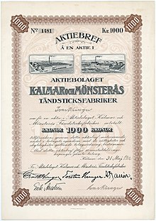 Gründeraktie der Aktiebolaget Kalmar och Mönsteras Tändsticksfabriker über 1000 Kronen, ausgegeben am 31. Mai 1912, von Ivar Kreuger auf sich selbst ausgestellt und im Original als Vorstandsmitglied unterschrieben. 1913 wurde dieses Unternehmen Teil der Aktiebolaget Förenade Tändsticksfabriker mit insgesamt 12 Fabriken und Ivar Kreuger als Geschäftsführer. 1917 aufgegangen in der Svenska Tändsticksaktiebolaget (STAB).