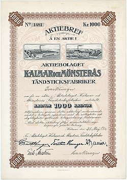 Aktiebolaget Kalmar och Mönsteras Tändsticksfabriker grundares aktie för 1000 kronor, utfärdad den 31 maj 1912, utfärdad av Ivar Kreuger till honom själv och undertecknad i originalet som styrelseledamot. År 1913 blev detta företag en del av Aktiebolaget Förenade Tändsticksfabriker med totalt 12 fabriker och Ivar Kreuger som verkställande direktör. År 1917 slogs det samman med Svenska Tändsticksaktiebolaget (STAB).