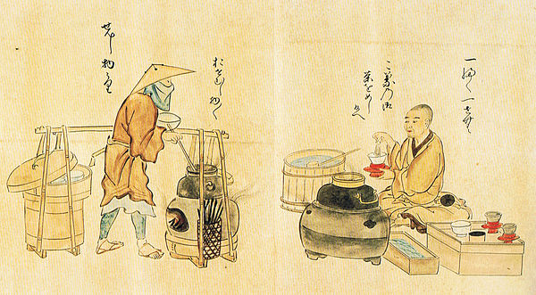 An open tea house serving matcha (ippuku issen (一服一銭), right) and a peddler selling extracts (senjimono-uri (煎じ物売) left), illustration from Shichiju-i