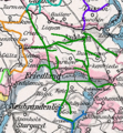 Karte der Mecklenburg-Pommersche Schmalspurbahn basierend auf File:Provinz Pommern 1905.png grün = Mecklenburg-Pommersche Schmalspurbahn (MPSB) hellgrün = Demminer Kreisbahnen West (DKBW), orange = Demminer Kreisbahnen Ost (DKBO) hellblau = Greifswald-Jarmener Kleinbahn (GJK), violett = Anklam-Lassaner Kleinbahn (ALKB) blau = Woldegker Kleinbahn