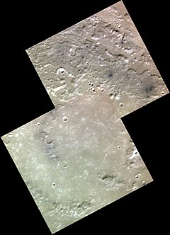 Part of Kofi crater in exaggerated color. Some small dark spots are visible in upper right. Kofi crater mosaic MESSENGER WAC IGF to RGB.jpg