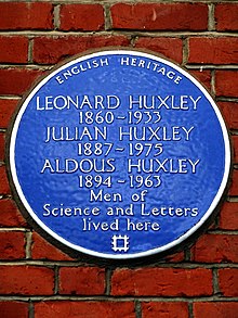 English Heritage blue plaque at 16 Bracknell Gardens, Hampstead, London, commemorating Aldous, his brother Julian, and his father Leonard LEONARD HUXLEY 1860-1933 JULIAN HUXLEY 1887-1975 ALDOUS HUXLEY 1894-1963 Men of Science and Letters lived here.jpg