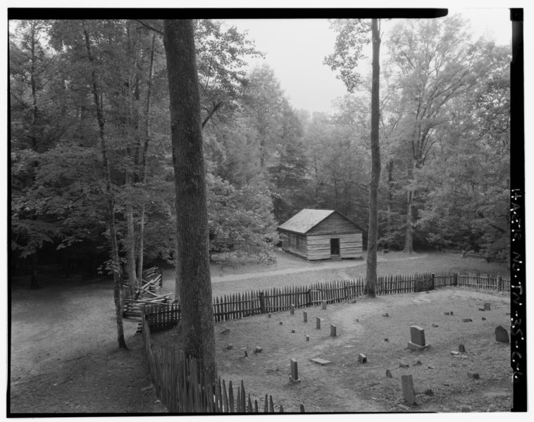 File:LITTLE GREENBRIER SCHOOL CEMETERY AND PARKING AREA LOOKING S, OFF SPUR FROM METCALF BOTTOMS TO WEAR COVE. - Great Smoky Mountains National Park Roads and Bridges, Little River HAER TENN,78-GAT.V,6C-6.tif