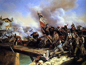 Fanciful Horace Vernet painting shows Bonaparte leading his troops across the Arcole bridge. La Bataille du Pont d'Arcole.jpg