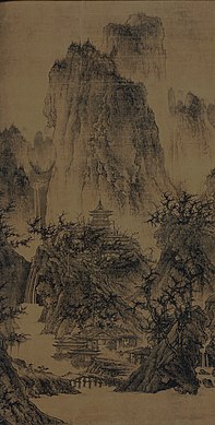 Een eenzame tempel tussen vrijstaande bergtoppen door Li Cheng, hangende rol met gewassen inkt en kleur op zijde, collectie Nelson Atkins Museum of Art