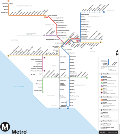 Mapa actual del sistema de Tren Ligero y tren urbano de Los Ángeles, incluyendo dos líneas de autobuses