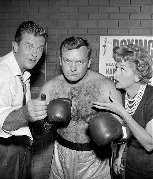 In an episode of Desilu Playhouse, "K.O. Kitty", L-R: William Lundigan, Aldo Ray, and Lucille Ball (1958).