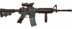 The U.S.-built M4 carbine rifle-- This is the standard issue rifle for the Army Special Service Group. M4A1 ACOG.png