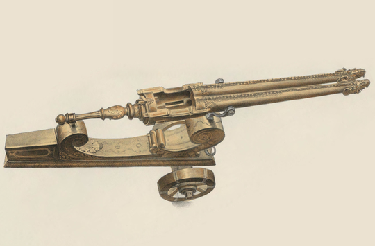 A double barrelled cetbang on a carriage, with swivel yoke, ca. 1522. The mouth of the cannon is in the shape of Javanese Nāga.