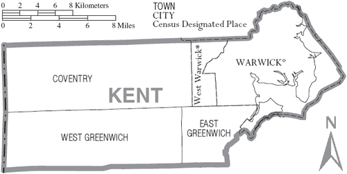 Map of Kent County, Rhode Island showing cities, towns, and CDPs