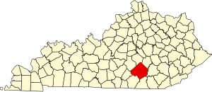 Mapa de Kentucky com destaque para o condado de Pulaski
