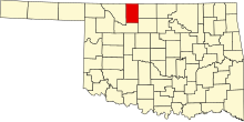 Location of Alfalfa County in Oklahoma Map of Oklahoma highlighting Alfalfa County.svg