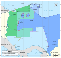 Mapa mostrando el resultado del fallo de la Corte Internacional de Justicia del 19 de noviembre de 2012 sobre el litigio entre Nicaragua y Colombia por límites marítimos en el Mar Caribe occidental