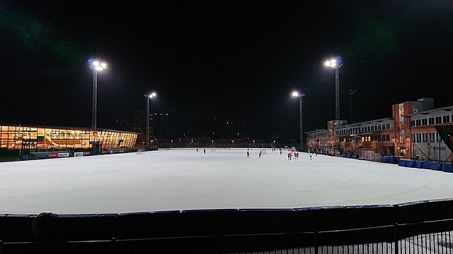 This photo, facing north, shows the artificial ice field in the Marienlyst stadium complex in Drammen, Norway. During summer, the cover is artificial 