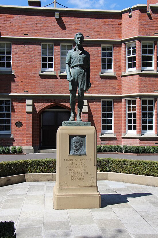 The statue dedicated to former principal Charles Thomas Major, a category 2 historic place listing