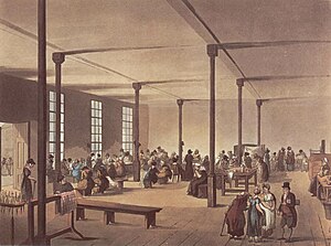 Poorhouses/workhouses were the first implemented national framework to provide a basic level of care to the old and infirm. Pictured, is "The workroom at St James's workhouse" from The Microcosm of London (1808). Microcosm of London Plate 096 - Workroom at St James Workhouse.jpg