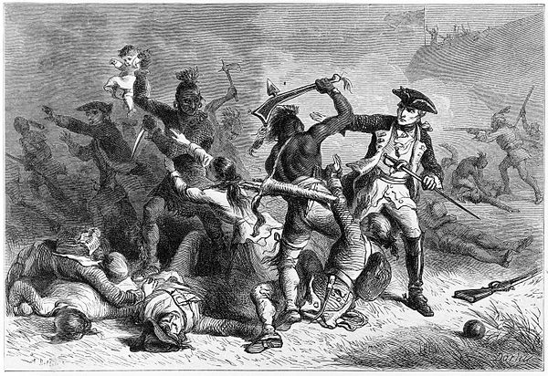 Montcalm trying to stop Native Americans from attacking British soldiers and civilians as they leave Fort William Henry