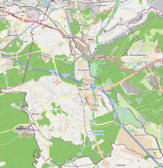 Mapa konturowa Mysłowic, po lewej nieco na dole znajduje się punkt z opisem „Radiowo-Telewizyjne Centrum Nadawcze w Mysłowicach”