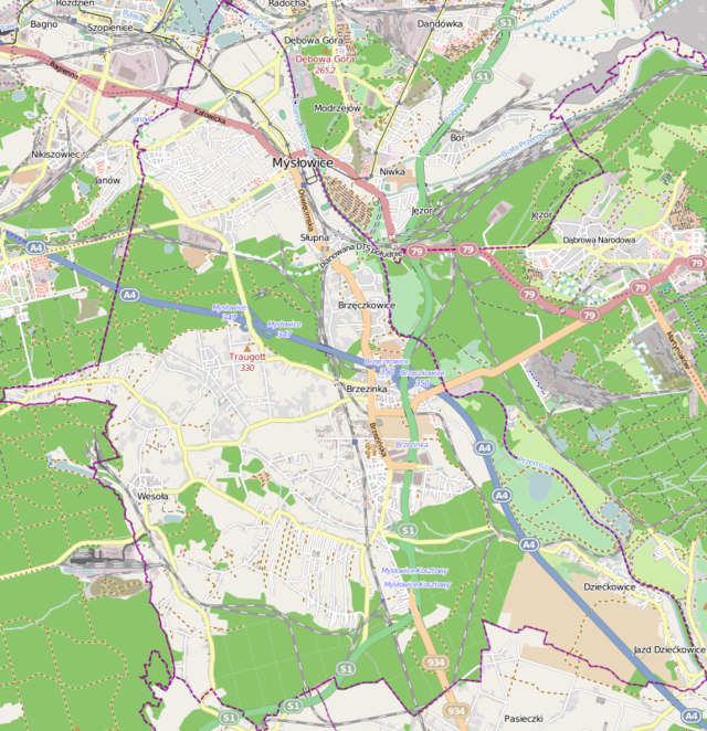 Mapa konturowa Mysłowic, u góry znajduje się punkt z opisem „ulica Powstańców”