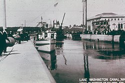 Dedication of the Hiram M. Chittenden Locks on 4 July 1917, showing the Swinomish in the background, from which the W.T. Preston was built. NWS0002.jpg