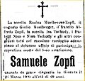 Necrologio di Samuele Zopfi, figlio, 26 marzo 1909