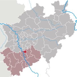 Poloha mesta Leverkusen v rámci spolkovej krajiny Severné Porýnie-Vestfálsko