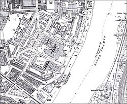 Ordnance Survey maps of London extract for 1916. This shows clearly the octagonal outline of the former penitentiary surrounding the small site. At the centre is the National Gallery of British Art, afterwards known as the Tate Gallery, and now as Tate Britain, with the college in the south of the site and hospital in the north. Most of the streets remain as at 2012 apart from Bulinga Street, most of which has been built over, and Dundonald Street which has been renamed 'John Islip Street'. There is a 'Census Office' at the rear of the gallery, long since gone. OS Millbank Tate etc 2.jpg