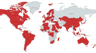 Bản đồ thế giới hiển thị các khu vực nơi bộ phim đã/đang/sẽ ra rạp (màu đỏ).