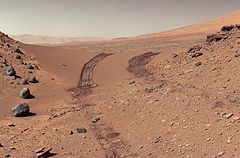 Curiosity's view after crossing the Dingo Gap sand dune (February 9, 2014; raw color).