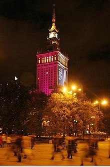 Palace of Culture and Science with a huge poster for Warsaw Film Festival Palace of Culture and Science, Warsaw Film Festival.jpg