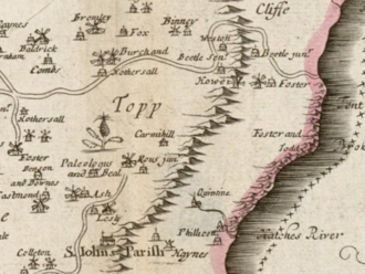 The "Paleologus and Beal" plantation on a 1685 map of Barbados, marked with a pineapple (to the left, below "Topp") Paleologus and Beal map.png