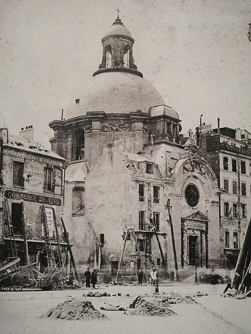 The church showing significant damage to the facade received during the Paris Commune