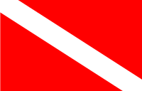 A drawing of a red flag with a white diagonal band from the top of the hoist to the bottom of the fly