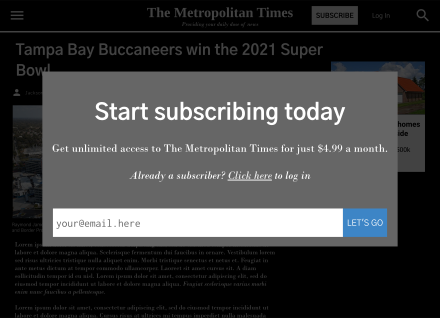 Mock-up of a "hard" paywall on a fictional news website