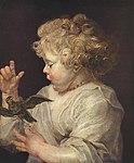 Portrait of a young boy with a bird, possibly Albert Rubens, son of the artist . 1616-1625. oil on panelmedium QS:P186,Q296955;P186,Q106857709,P518,Q861259. 50.8 × 40.5 cm (20 × 15.9 in). Berlin, Gemäldegalerie.