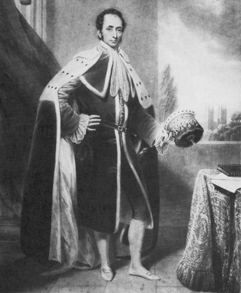 Philip Henry Stanhope, 4th Earl Stanhope, wearing his peerage robes and holding an earl's coronet, portrait circa 1825