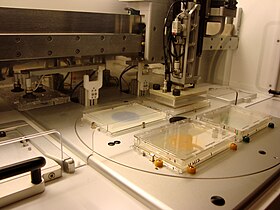 Replicating yeast colonies during SGA analysis using a pinning robot Pinning robot.jpg