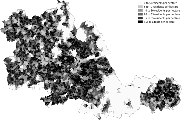 Population density in the 2011 census in the West Midlands.