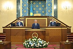 Justice Minister Qanat Musin addressing MPs the proposed constitutional amendment for a presidential term at a joint session of the Parliament, 16 September 2022 Qanat Musin (35784).jpg