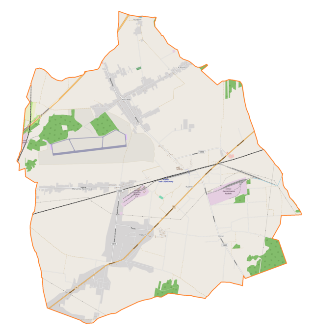 Mapa konturowa gminy Rędziny, po lewej znajduje się punkt z opisem „CZW”