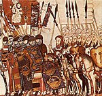 A miniature from the Cantigas de Santa Maria depicting a farfan unit under the banner of the Virgin in the army of the Almohad Umar al-Murtada during the battle of Marrakesh against the Marinid Abu Yusuf in 1262. Reconquista4.jpg