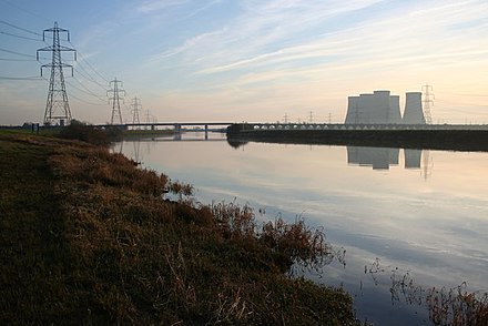 The River Trent at the former High Marnham Power Station, next to the 1897 Fledborough Viaduct; the power station, built in 1959, was Europe's first 1000 MW coal power station (5 x 200 MW) and consumed coal from 17 collieries; the area is the largest collection of power stations in Europe, sometimes known as Kilowatt Valley