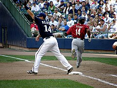 Branyan covers first base on June 1, 2008, against the Astros. Russell Branyan 2008.jpg