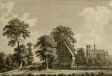 Rye House in an engraving from 1777. The gate across the road signifies the toll payable for use of the route. There were miscellaneous buildings on the large site, to the right of the road. The crenellated brick gatehouse dates from the 15th century. Rye House 1777 Forster2.jpg