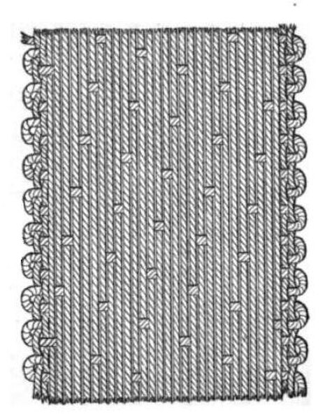 A satin weave, common for silk, in which each warp thread floats over 16 weft threads
