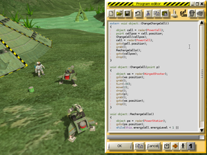 Screenshot of Colobot. Left, game scene with two bots and one explorer. Right, the program editor to create the code which controls the bots. Screenshot of Colobot.png