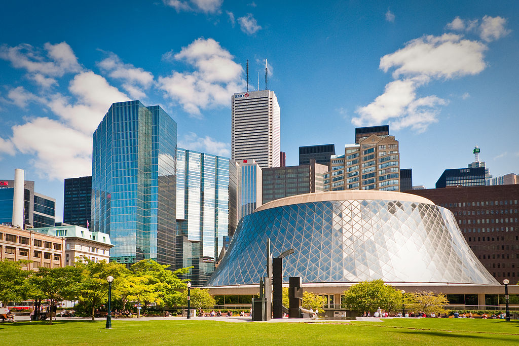 Shiny buildings in Toronto, Roy Thomson Hall in entertainment district 