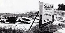 Skyline Park was the final subdivision developed in the Crestmoor district of San Bruno, in 1966-67. Grading for the Junipero Serra Freeway (I-280) leveled the hill seen on the right side of this photo. (San Bruno Herald photo by Robert E. Nylund.) SkylinePark.jpg