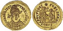 A coin bearing the image of Basiliscus on the obverse, and Basiliscus (left) with Marcus (right) on the reverse