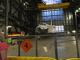 Discovery in the Vehicle Assembly Building waiting for a ferry flight to Dulles, Virginia, for permanent display at the Smithsonian's National Air and Space Museum. Space Shuttle Discovery in NASA's VAB.JPG